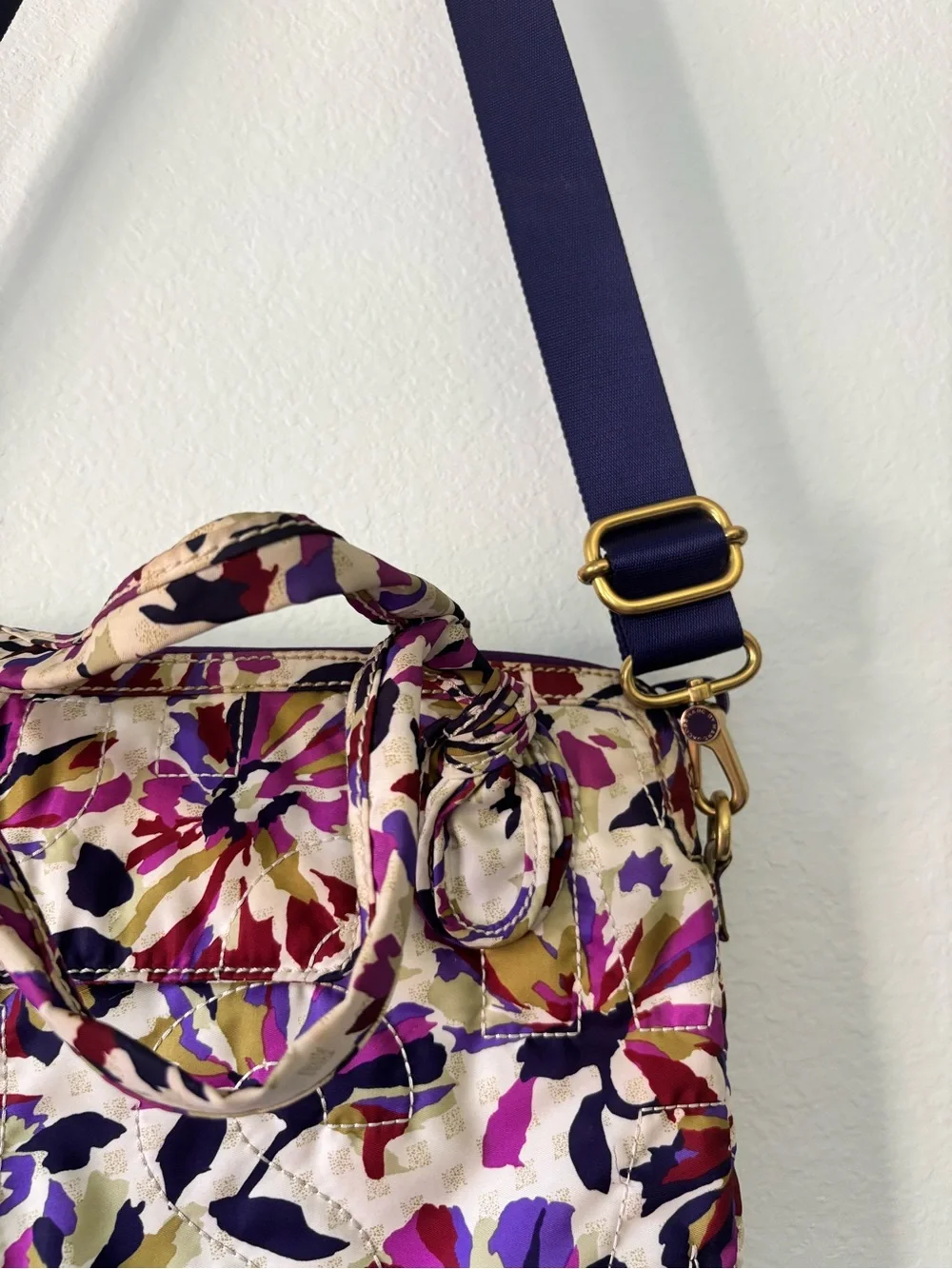 Marc by Marc Jacobs Cream Floral Quilted Laptop Bag with Purple Strap